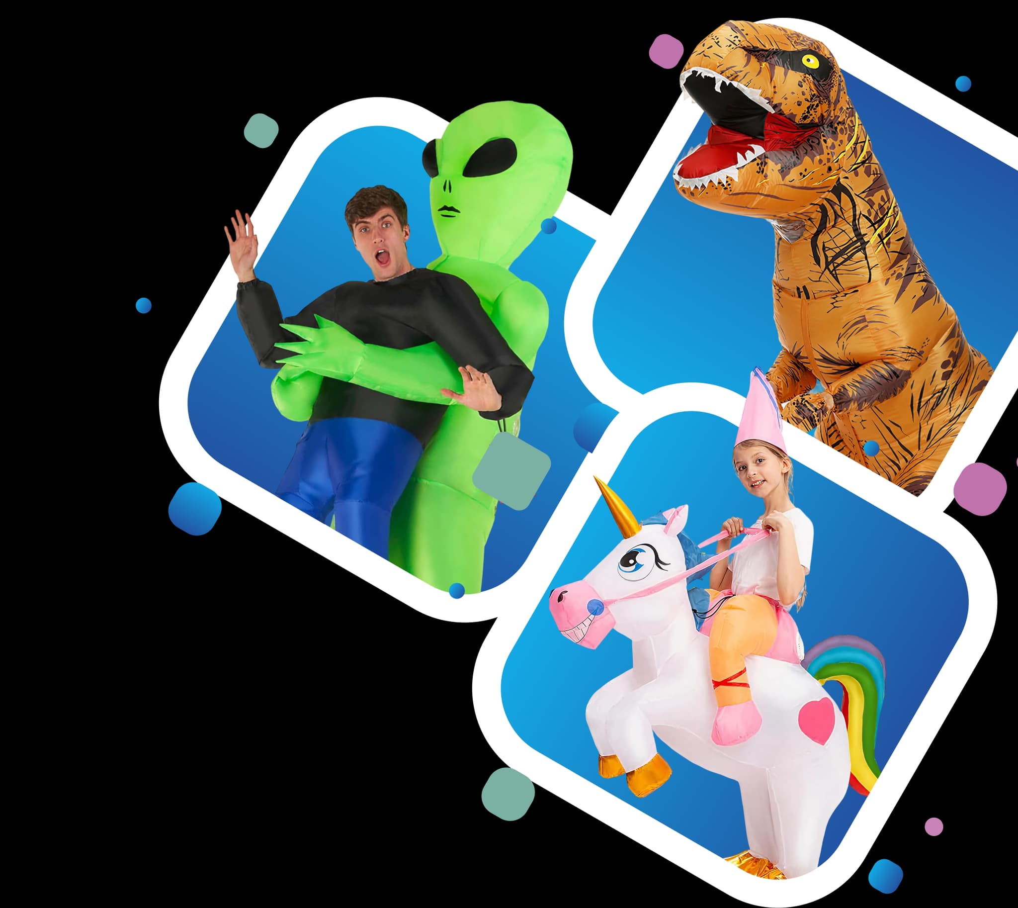Alien, T-Rex, and Unicorn inflatable costumes