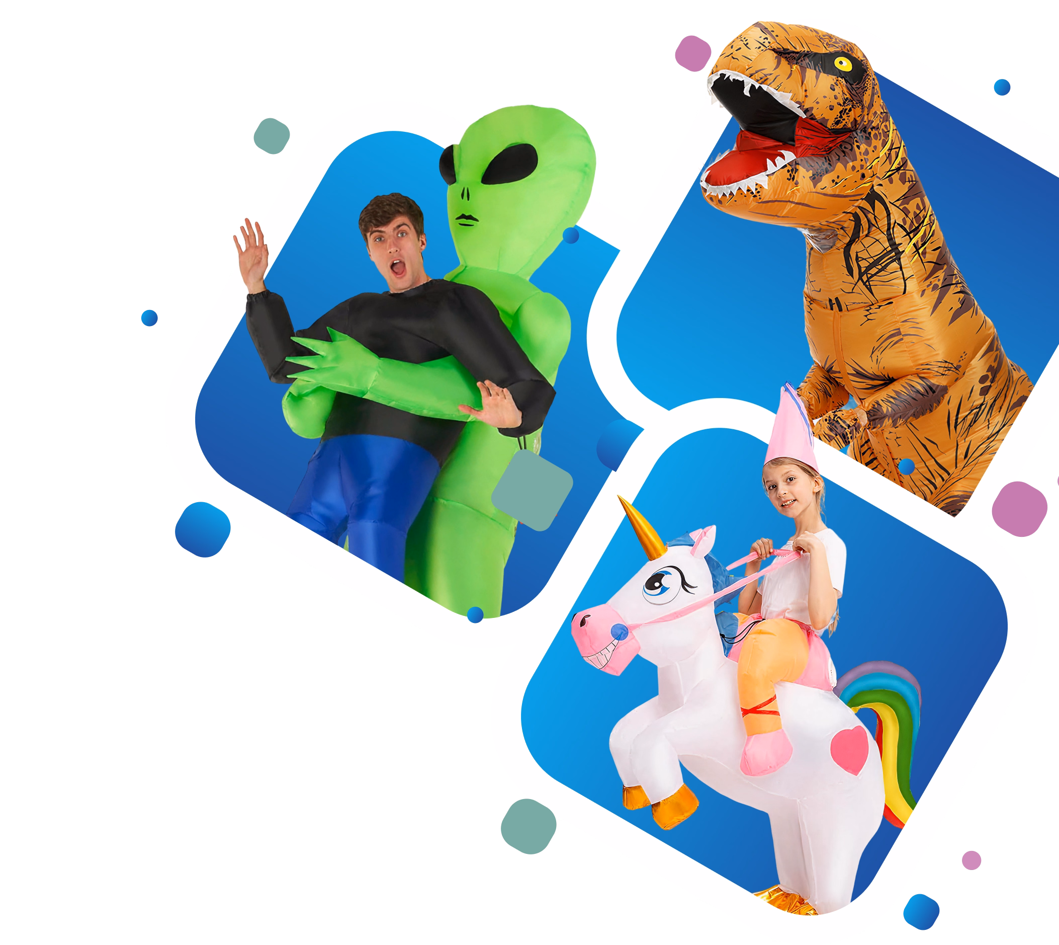 Alien, T-Rex, and Unicorn inflatable costumes